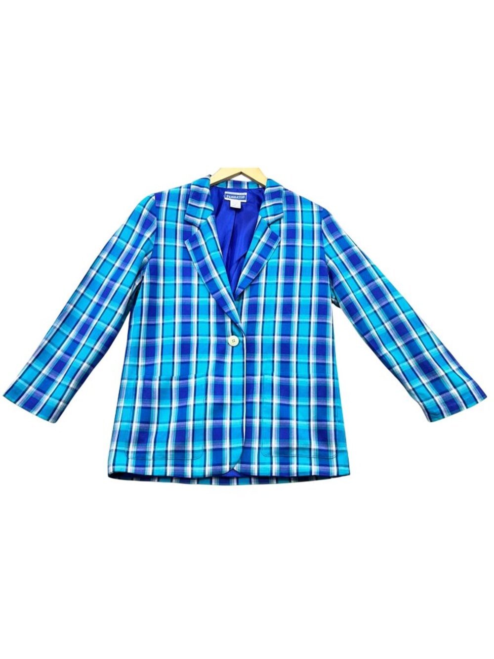 Pendleton Women's Single Button Blazer Jacket Petite Blue White Plaid